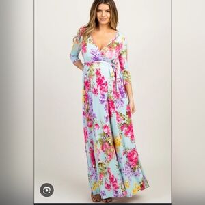 Pinkblush Mint Floral Sash Tie Dress Blue Maternity/Nursing